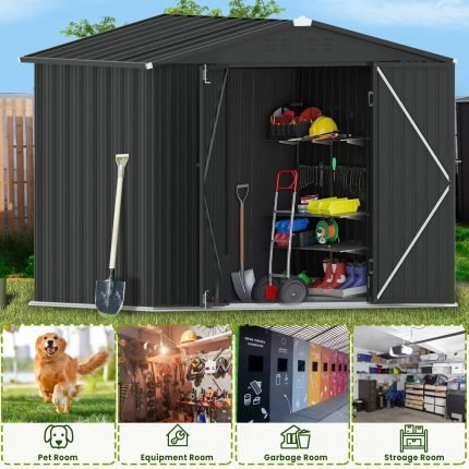 8X6 FT Metal Outdoor Storage Shed with Lockable Hinged Doors, Waterproof Steel Tool Shed with Vents for Garden, Patio