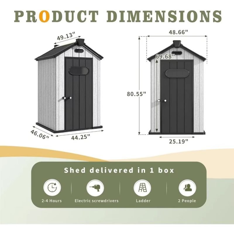 Weatherproof Outdoor Plastic Storage Shed with Floor Air Vents Windows Skylights Lockable Doors Patio 4X4 FT Resin Storage Shed