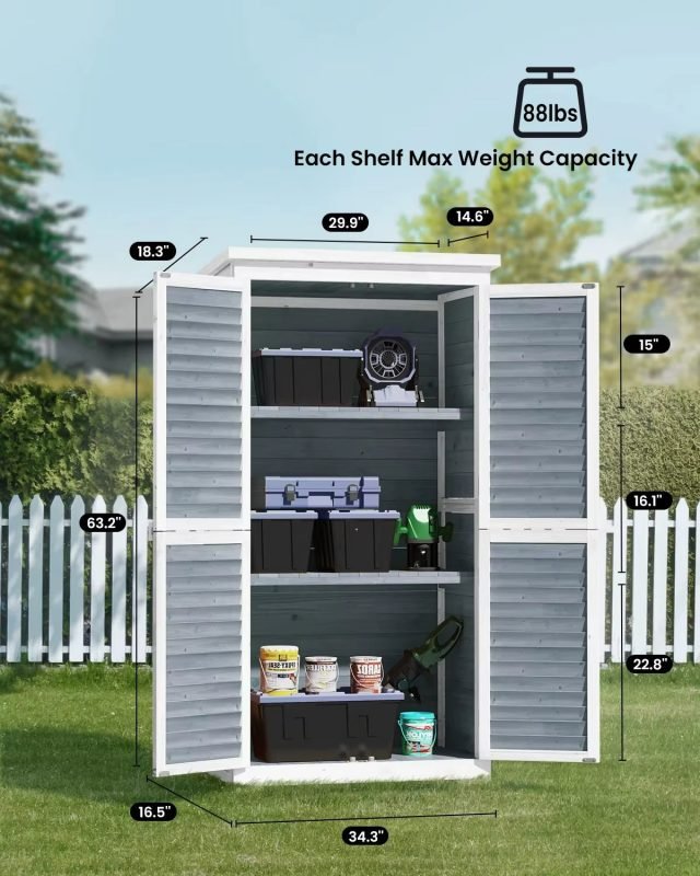 63" Outdoor Wood Storage Cabinet with Double Doors & Slanted Roof, Weatherproof Garden Tool Shed for Patio, Lawn or Backyard