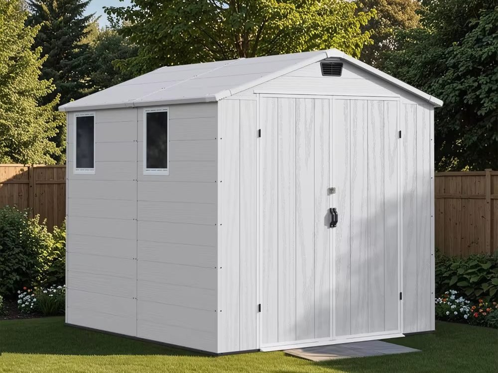 6 X 8 FT Plastic Outdoor Storage Shed with Floor,With Two Windows and Lockable Door for Garden, Resin outside Tool Shed