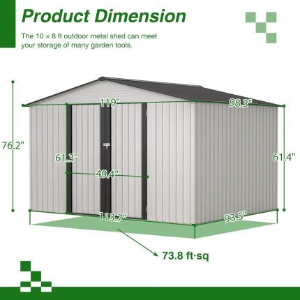10X8 FT Outdoor Storage Shed, All Weather Metal Sheds with Lockable Doors, Tool Shed for Garden, Patio, Backyard, White