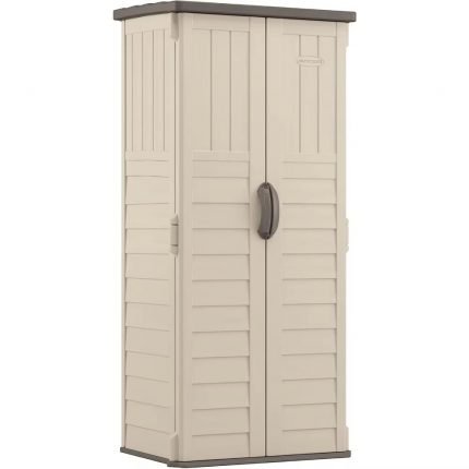 Vertical Outdoor Storage Shed with Reinforced Floor, Lockable Double Doors, All-Weather Construction, and Multi-Wall Panels,