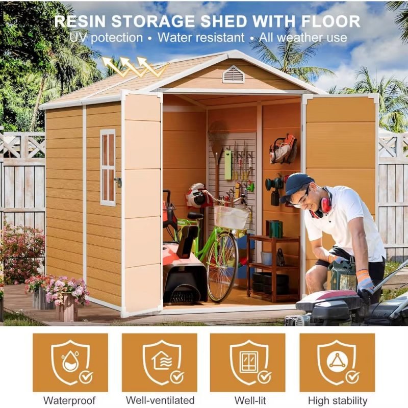 Outdoor Resin Storage Shed with Floor Inlcuded Wood Color Plastic Sheds for Garden Backyard Patio Lawn Tools Waterproof House