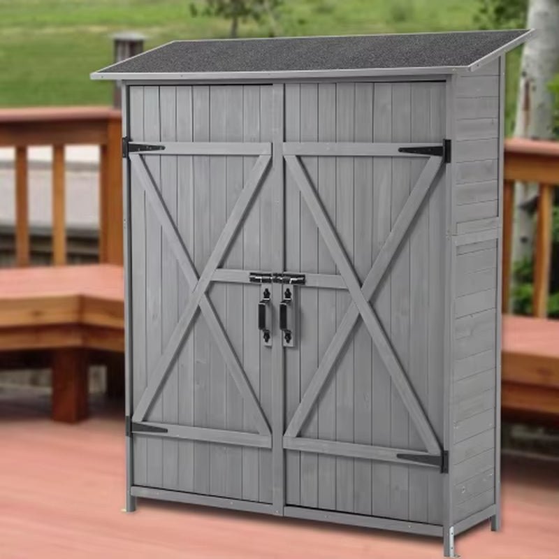56"L X 19.5"W X 64"H Outdoor Storage Shed with Lockable Door, Wooden Tool Storage Shed W/Detachable Shelves & Pitch Roof
