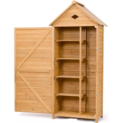 Tall Wooden Outdoor Storage Cabinet with Divided Shelves & Lockable Door - Weatherproof Gable Roof