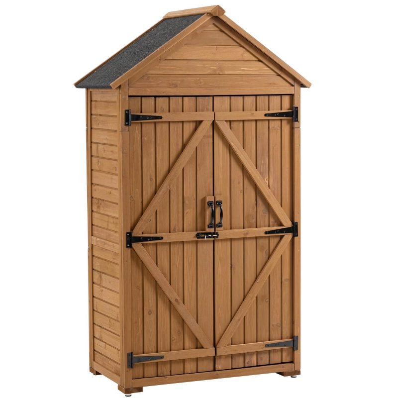 Outdoor Storage Cabinet, Garden Wood Tool Shed, outside Wooden Shed Closet with Shelves and Latch for Yard