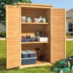 63" Outdoor Wood Storage Cabinet with Double Doors & Slanted Roof, Weatherproof Garden Tool Shed for Patio, Lawn or Backyard