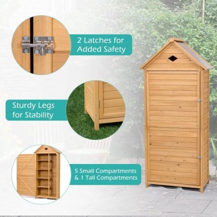 Outdoor Storage Shed for Garden Tools, Wooden Patio Shed with Gable Roof and Metal Latches