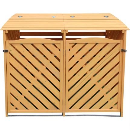 Outdoor Wooden Trash Bin and Recycling Storage Shed Durable Garden Waste Solution with Double Doors and Locking Latch